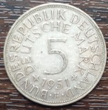 (A314) MONEDA DIN ARGINT GERMANIA - 5 MARK 1951, LIT F, 11,2 GRAME. PURITATE 625, Europa