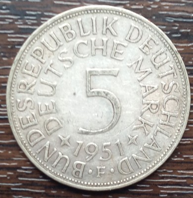 (A314) MONEDA DIN ARGINT GERMANIA - 5 MARK 1951, LIT F, 11,2 GRAME. PURITATE 625 foto