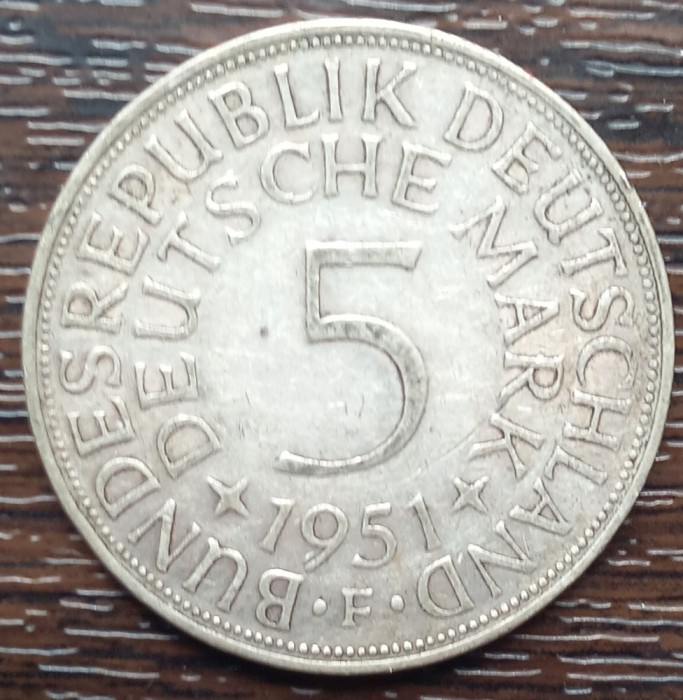 (A314) MONEDA DIN ARGINT GERMANIA - 5 MARK 1951, LIT F, 11,2 GRAME. PURITATE 625