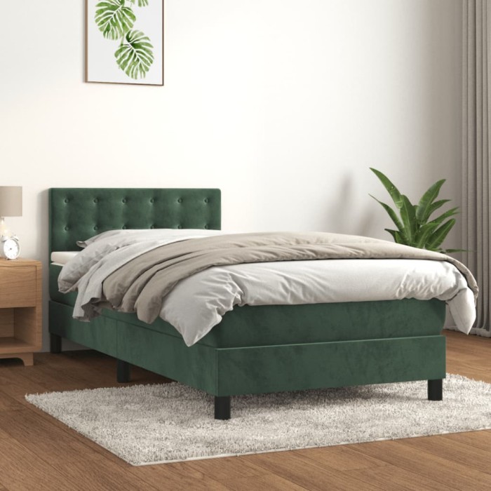vidaXL Pat box spring cu saltea, verde &icirc;nchis, 90x190 cm, catifea 3141518