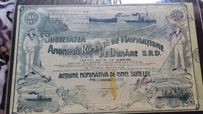 Societatea Anonimă Rom&amp;acirc;nă de Navigație pe Dunăre, -Acțiune nominativă de 500 lei, 1914 foto