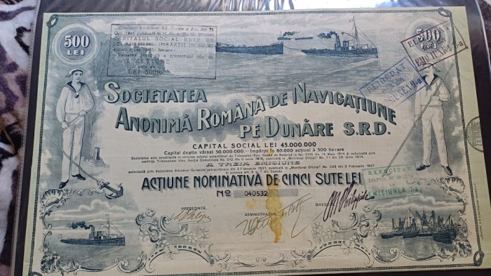 Societatea Anonimă Rom&acirc;nă de Navigație pe Dunăre, -Acțiune nominativă de 500 lei, 1914