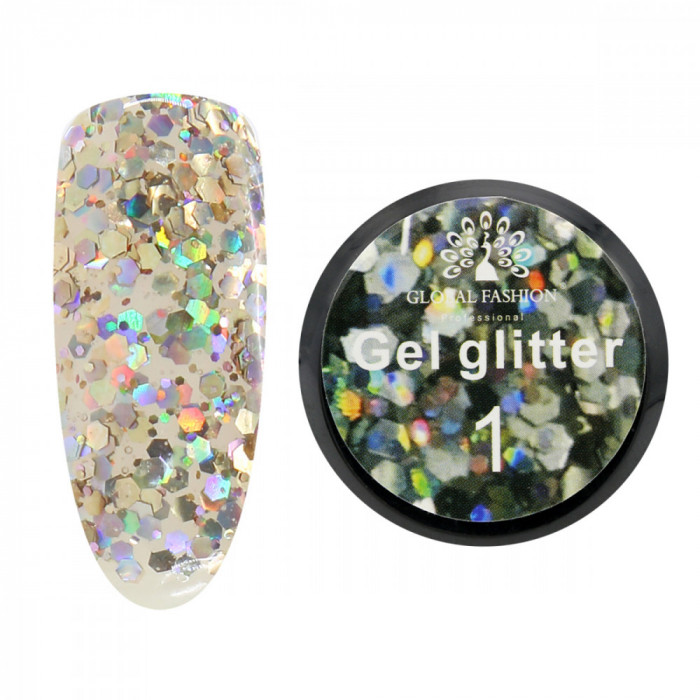 Gel unghii cu sclipici hexagon, Glitter Gel, Global Fashion 5g, 01