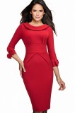 Rochie eleganta rosie cu fundite, maneci 3/4, guler rotund. Croiala mulata. Bumbac, poliester, spandex. Marimi: L, XL