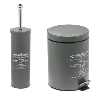 Set accesorii de baie, 2 piese, perie WC si cos de gunoi, Metal, Gri foto