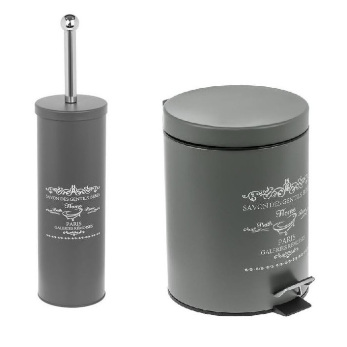 Set accesorii de baie, 2 piese, perie WC si cos de gunoi, Metal, Gri