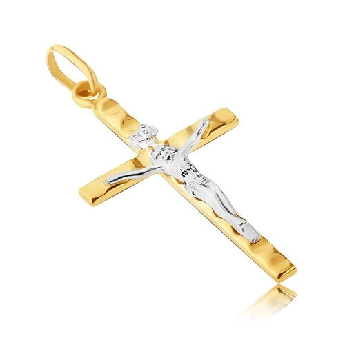 Pandantiv din aur 585 - Iisus din aur alb pe cruce din aur galben cu caneluri