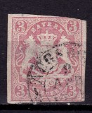 ✅ (S35) Germania veche - Bavaria/Bayern 1867 " Stema embosata " 3Kr , Mi. 14 fir de siguranta rosu din matase , stampilat