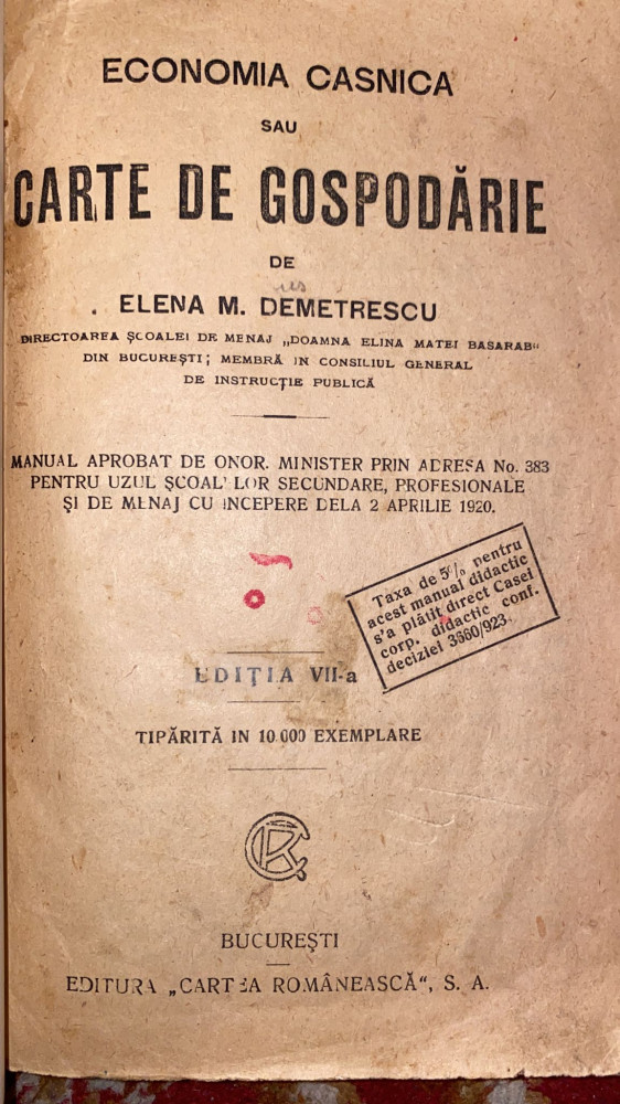 ECONOMIA CASNICA SAU CARTE DE GOSPODARIE de ELENA M. DEMETRESCU(manual  pt.uzul | Okazii.ro