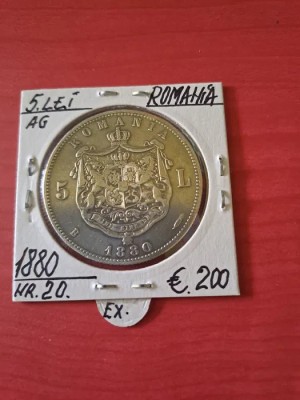 Moneda din argint 5 lei Romania, anul 1880 ( Nr.20) foto