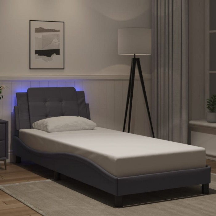vidaXL Cadru de pat cu lumini LED, gri, 90x190 cm, piele ecologică 3214078