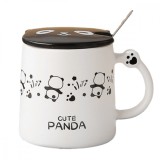 Set cana cu capac si lingurita, ursulet panda,alb,ceramica,370 ml