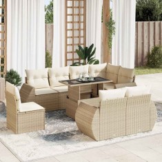vidaXL Set canapele de grădină, 9 piese, cu perne, bej, poliratan