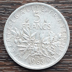 (A539) MONEDA DIN ARGINT FRANTA - 5 FRANCS 1963, SEMANATOAREA, 12 GRAME, AG 835