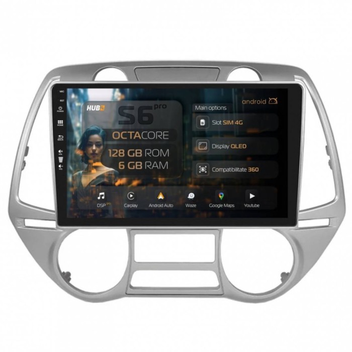 Navigatie Hyundai I20 (2008-2012) 6GB RAM Android 13 Octacore Slot Sim 4G DSP GPS Wi-FI Carplay Android Auto USB Bluetooth Waze Touchscreen 9 Inch V2