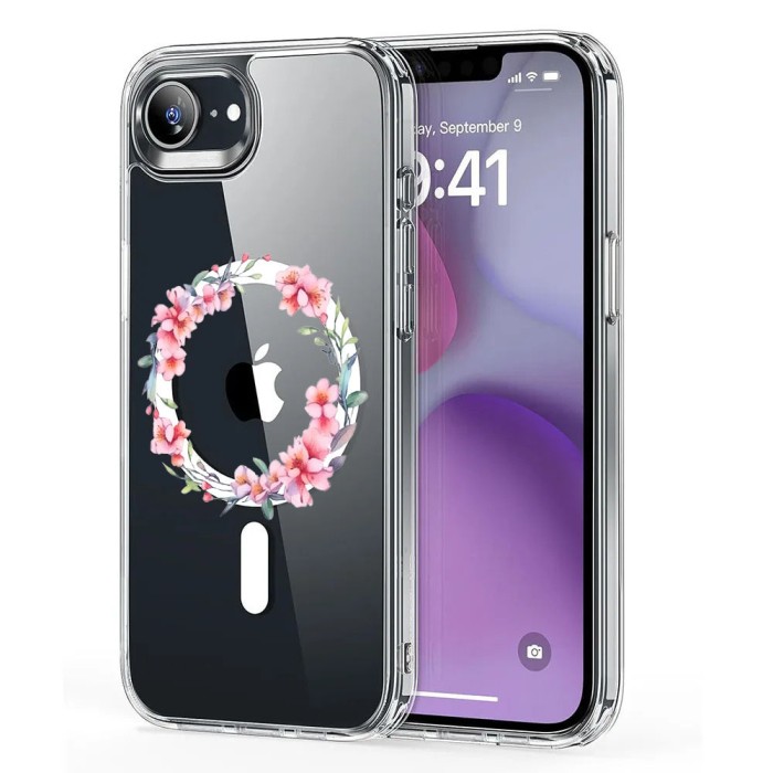 Husa pentru iphone 16e, atasare magnetica, magsafe, pink wreath 3, clear
