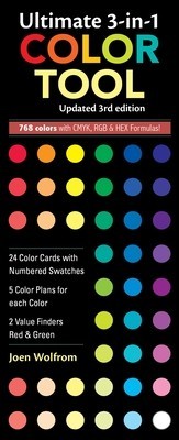 Ultimate 3-In-1 Color Tool: -- 24 Color Cards with Numbered Swatches -- 5 Color Plans for Each Color -- 2 Value Finders Red &amp; Green