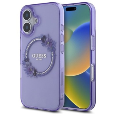 Husa pentru iPhone 16 - Guess IML Flowers Wreath MagSafe (GUHMP16SHFWFCU) - Purple foto