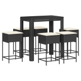 Cumpara ieftin Set bar de gradina, 7 piese, cu perne, negru, poliratan