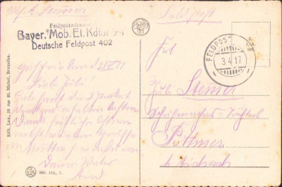 HST CP74 Carte poștală germană 1917 Deutsche Feldpost 402 foto