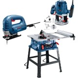 Bosch GTS 254 + GOF 130 + GST 8000 E - Fierastrau circular de masa 1800 W 254 mm picioare sustinere cadru + Masina de frezat 1300 W 6 8 mm accesorii +