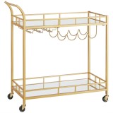 Carucior servire, raft mobil pentru bucatarie, Artool, pe roti, otel, sticla, cu suport pahare si sticle, auriu, 86x38x90 cm