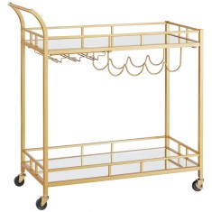 Carucior servire, raft mobil pentru bucatarie, Artool, pe roti, otel, sticla, cu suport pahare si sticle, auriu, 86x38x90 cm