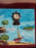 TABLOU PE PANZA CU SASIU NOU 50X50 CM PEISAJ MARIN ACRILIC SI CEAS REAL PRET 100 LEI PICTOR FLORIAN