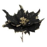 Floare decorativa de Craciun cu clips, neagra cu glitter auriu, 27 cm, CMCLASS