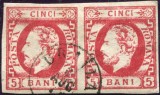 1871 , Lp 30 , Carol I cu barba 5 Bani rosu carmin , pereche , stampila mica BRAILA 6 AUG 7...