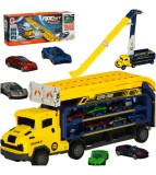 Camion transportor cu pista de curse si 6 masinute, galben, Oem
