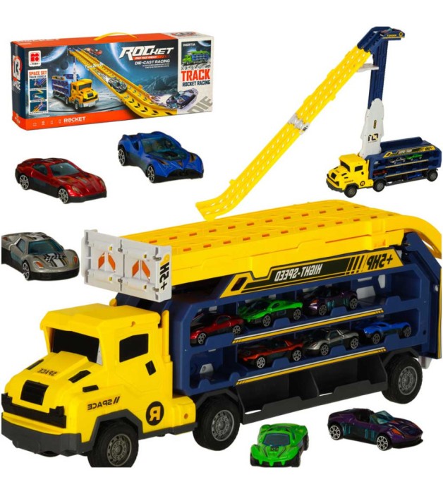 Camion transportor cu pista de curse si 6 masinute, galben