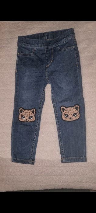 Pantaloni blugi jeans subtiri fata H&amp;M albastri cu pisici 2/3 ani noi