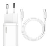 Incarcator priza baseus usb-c, pd25w, 3a cu cablu type-c to type-c, 1m, alb