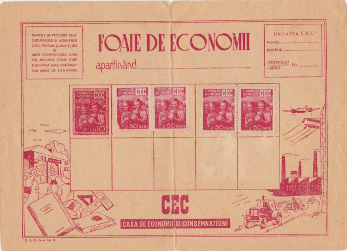 ROMANIA FOAIE DE ECONOMII CEC CU TIMBRE 50 bani 1952