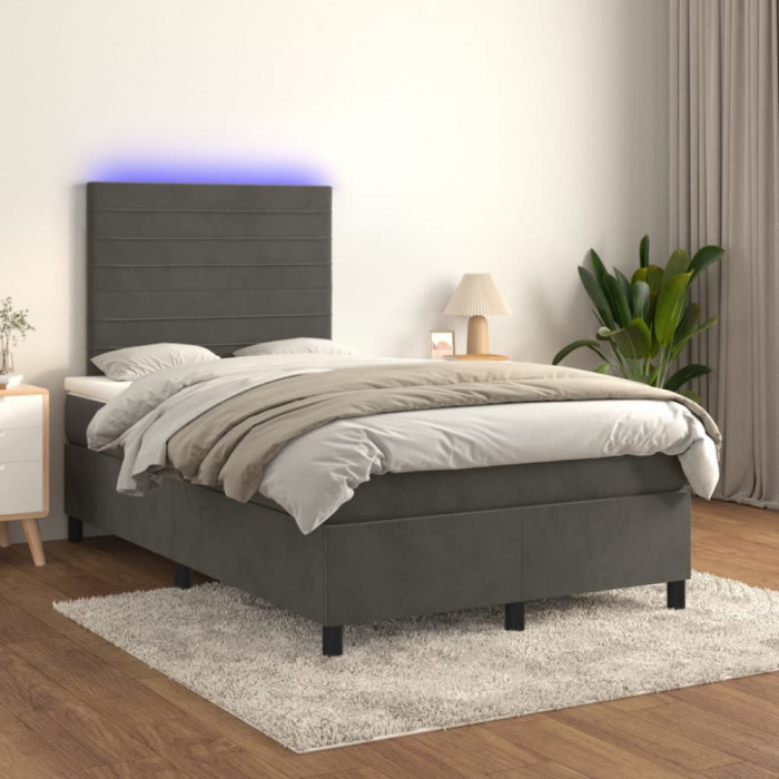 vidaXL Pat cu arcuri, saltea și LED, gri &icirc;nchis, 120x200 cm, catifea 3136174