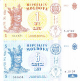 Bancnota Moldova 1 si 5 Lei 2010/13 - P8/9 UNC ( set x2 )