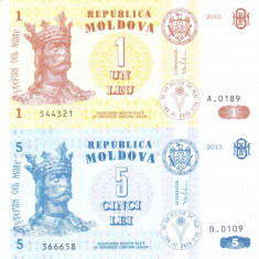 Bancnota Moldova 1 si 5 Lei 2010/13 - P8/9 UNC ( set x2 )