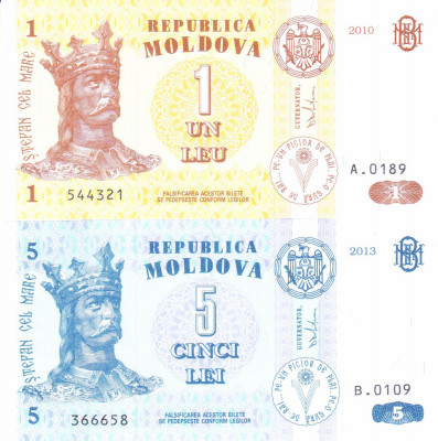 Bancnota Moldova 1 si 5 Lei 2010/13 - P8/9 UNC ( set x2 ) foto