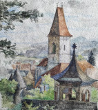Cumpara ieftin Biserica fortificată, acuarelă semnată &icirc;n monogramă şi datată (1966), Peisaje, Acuarela, Realism