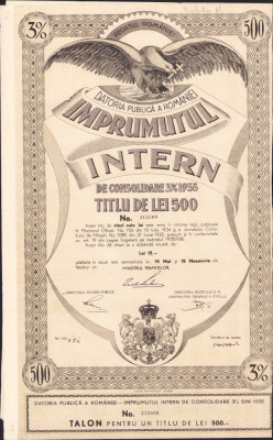 HST A621 &amp;Icirc;mprumutul intern de consolidare 1935 titlu de 500 lei foto