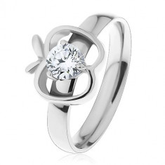 Inel realizat din oțel 316L de culoare argintie, contur de măr cu zirconiu rotund, transparent - Marime inel: 51