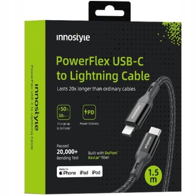 Innostyle Powerflex Usb-C Cablu De &amp;Icirc;ncărcare Rapidă Usb-C Lightning Mfi Pentru Iphone Kevlar 2M Negru foto