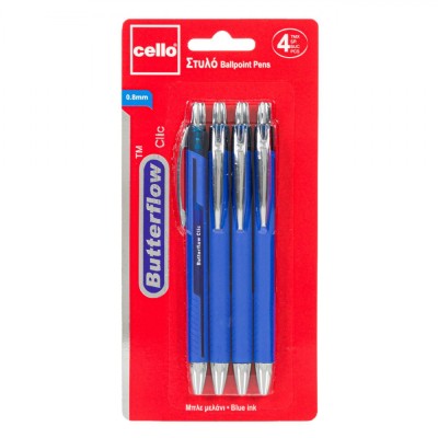 Set Pixuri Ballpoint Cello Butterflow, 0.8mm, Corp Albastru, 4 Bucăți foto