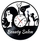 Ceas de Perete Decorativ &ldquo;Beauty Salon&rdquo;, din Disc Vinil Reciclat, Design Modern Make-up, Negru, Mecanism Silențios (Sweep), 30 cm