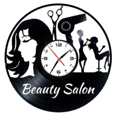 Ceas de Perete Decorativ &ldquo;Beauty Salon&rdquo;, din Disc Vinil Reciclat, Design Modern Make-up, Negru, Mecanism Silențios (Sweep), 30 cm