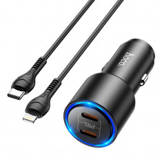 Incarcator Auto cu cablu Lightning HOCO NZ3 Clear, Quick Charge, 40W, 2 x USB Tip-C, Negru