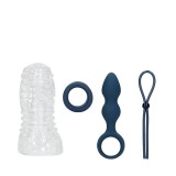 Kit LOVELINE (S)Explore Toy Kit For Him, cutie cadou cu inel de penis, plug anal, masturbator și curea pentru testicule, albastru