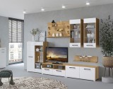 Set Mobila Living Modern Nensi 3, Stejar Auriu + Alb, 280x47x200 cm, 7 Corpuri, MDF Infoliat, PAL Melaminat