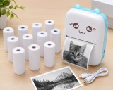Cumpara ieftin Mini imprimanta foto portabila, wireless, USB Type-C, alb albastru, 11 role incluse, compacta, pentru print instant fotografii